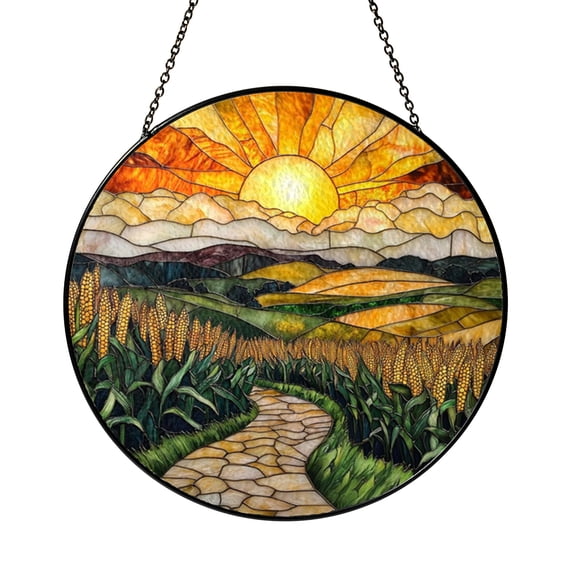 Farm Landscape Stained Glass Window Panel – Decorative Window Accent