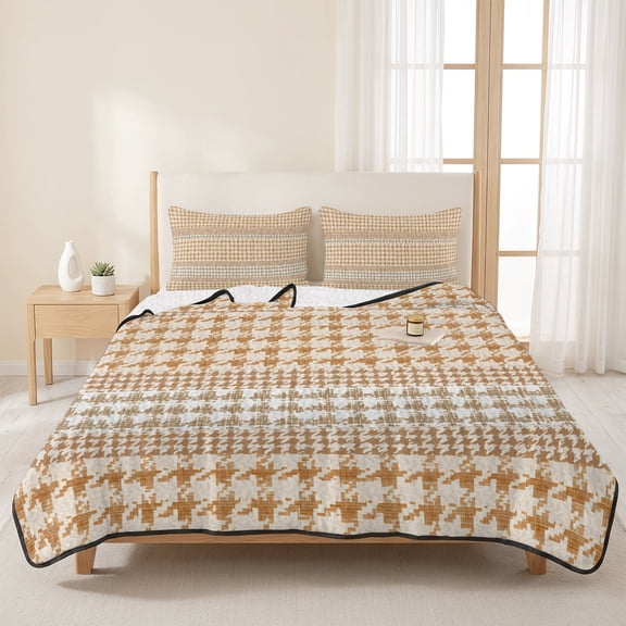 Farm Lattice Houndstooth Pattern 3 Pieces Quilt Set,1 Quilt with 2 Shams,Rustic Beige Khaki Plaid Bedspread Soft Lightweight Bedding Coverlet Comforter Set for All Season 96"x106"