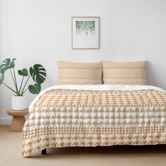 Farm Lattice Houndstooth Pattern California King Size Bed Set,Rustic Beige Khaki Plaid Bedding for All Seasons,4 Pcs Bed Set with 1 Quiltcover (96"x104"),1 Sheet (110"x98"),2 Pillowcases (20"x36")