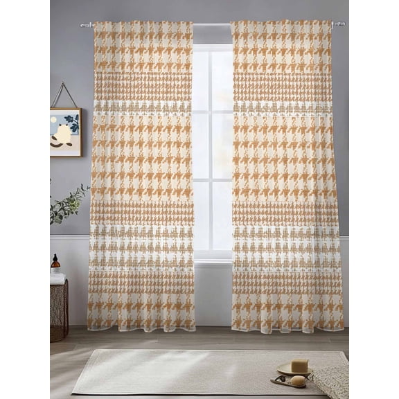Farm Lattice Houndstooth Pattern Chiffon Sheer Curtains 84 Inches Long Rustic Beige Khaki Plaid Rod Pocket Window Curtains Voile Drapes Curtains for Living Room Bedroom,2 Panels