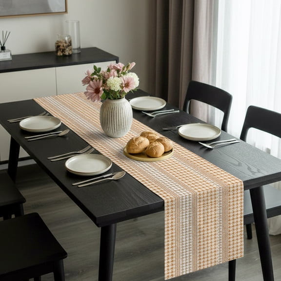 Farm Lattice Houndstooth Pattern Table Runner 36 Inches Long,Kitchen Dining Tablerunners Rustic Beige Khaki Plaid Linen Table Runners Dresser Scarves for Home Dinner Wedding Holiday Party Decor