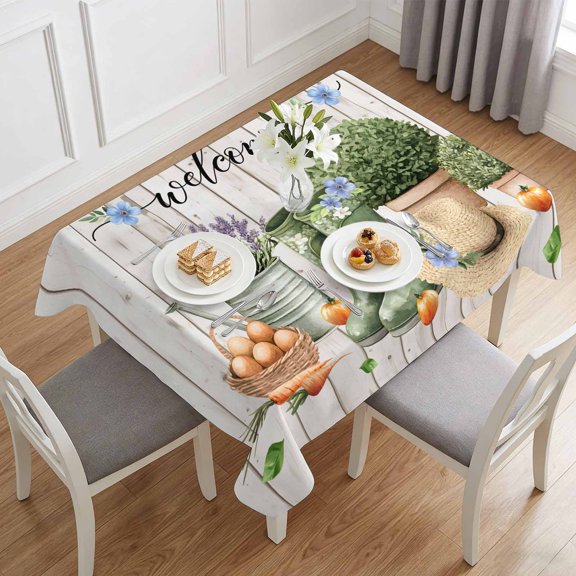 Farm Lavender Flowers Kettle Table Cloth 60x84in, Waterproof Rectangle Tablecloth Wipeable Tablecloths Potted Plant on Wood Board Table Covers for Dining Tables Party Indoor Outdoor