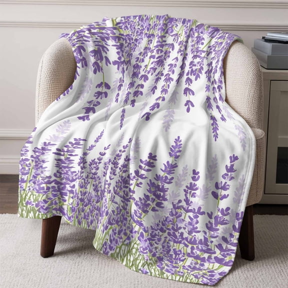 Farm Lavender Gradient Purple Throw Blanket Flannel Fleece Throws, Watercolor Herb Wild Flower Lightweight Super Soft Warm Blankets for Couch Sofa Bed All Season Use, 50x60 in