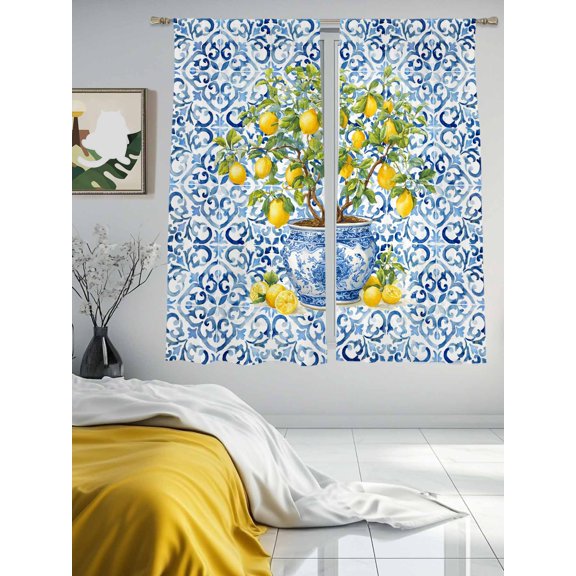 Farm Lemon Fruit Leaves Chiffon Sheer Curtains 63 Inches Long Blue and White Porcelain Texture Rod Pocket Window Curtains Voile Drapes Curtains for Living Room Bedroom,2 Panels