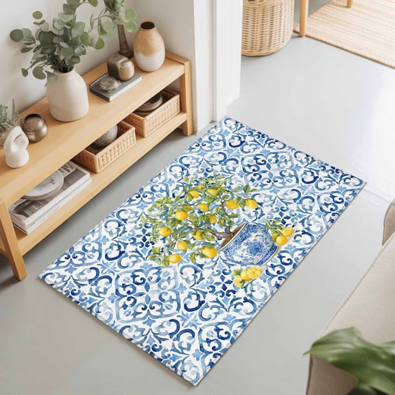 Farm Lemon Fruit Leaves Rectangle Rug 2'x3' Blue and White Porcelain Texture Washable Area Rugs for Living Room Bedroom Entryway Non Slip Entrance Door Mat Indoor Floor Carpet