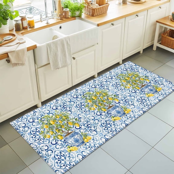 Farm Lemon Fruit Leaves Rectangle Rug 2'x6' Blue and White Porcelain Texture Washable Area Rugs for Living Room Bedroom Entryway Non Slip Entrance Door Mat Indoor Floor Carpet