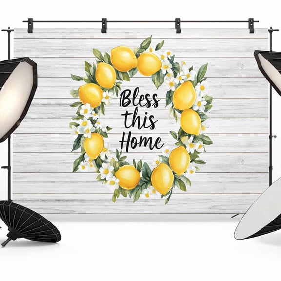 Farm Lemon Photography Backdrop 7x5FT, Bless This Home Yellow Fruit Grey Wood Grain Photo Backdrops, Background for Photography Studio Photo Studio Background, Back Drop for Photoshoot