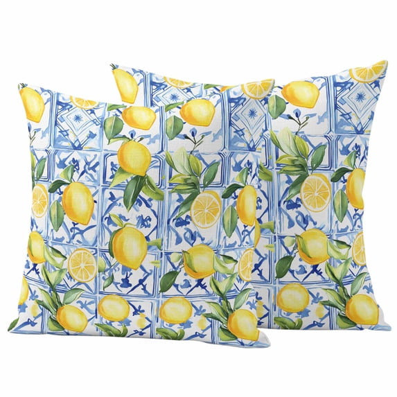 Farm Lemon Pillow Covers 2 Pack Yellow Fruit Plant Vintage Blue Geometric Pillowcase Waterproof Outdoor Throw Pillow Cover for Patio Garden Square Cushion 26”x26”