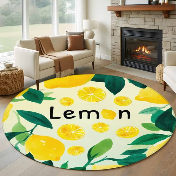 Farm Lemon Round Living Room Rugs 6 ft, Yellow Summer Fruit Green Leaves Beige Botanical Washable Area Rug with Non-Slip Sturdy Edge Binding Round Carpet for Kitchen Office Bedroom