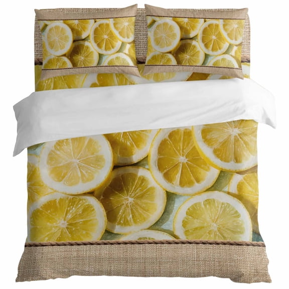 Farm Lemon Slices Close-up King Size Bed Set,Rustic Retro Linen Burlap Bedding for All Seasons,4 Pcs Bed Set with 1 Quiltcover (104"x90"),1 Sheet (108"x98"),2 Pillowcases (20"x36")