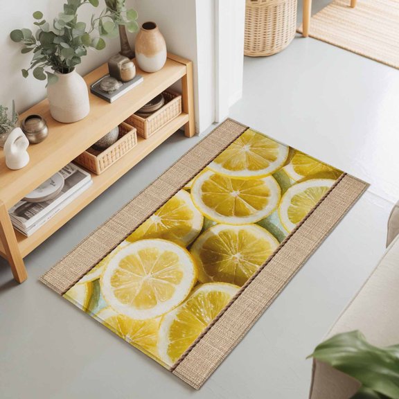 Farm Lemon Slices Close-up Rectangle Area Rug 2x3ft,Living Room Rug Non-Slip Washable Circle Rugs Pad,Rustic Retro Linen Burlap Soft Floor Carpet for Bedroom Dining Room