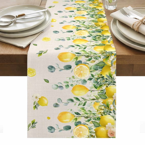 Farm Lemon Table Runner 13 x 48 Inch, Yellow Fruit Leaf Flower Vintage Linen Washable Cotton Linen Dining Table Runner Tabletop Decorations for Restaurant Home Kitchen Party