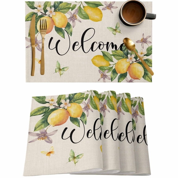 Farm Lemon Welcome Quote Placemats Set of 4,Wipeable Washable Table Mats for Dining Tables,Butterfly Green Leaf Watercolor Place Mats for Kitchen Event Party Tabletop Decor