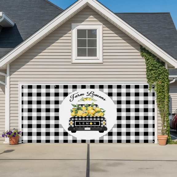 Farm Lemons Garage Door Banner Covers, Black and White Buffalo Plaid Lemon Truck Summer Large Hanging Indoor/Outdoor Backdrop Background for Christmas Winter Party Decor, 6x13ft