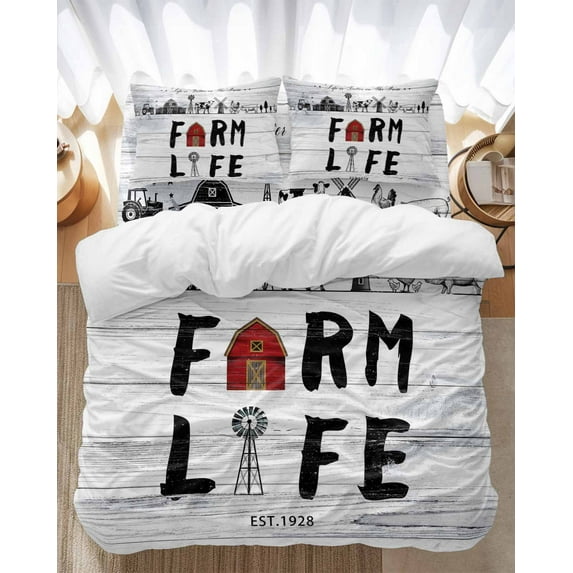 Farm Life Bedding Duvet Cover Set Twin Size 4 Pieces Farmhouse Barn Cow Chicken Pig Wood Grain Bedding Set with Zipper Closure, 1 Comforter Cover 68x86 Inches 1 Flat Sheet & 2 Pillow Cases