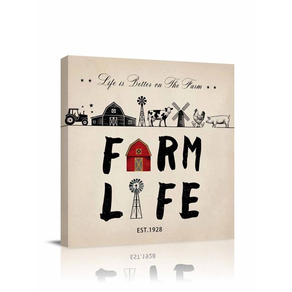 Farm Life Canvas Wall Art, Barn Cow Chicken Pig Farmhouse Framed Wall Decor Modern Artwork Prints Painting for Living Room, Bedroom, Kitchen & Cafe Decor 8x8 Inch