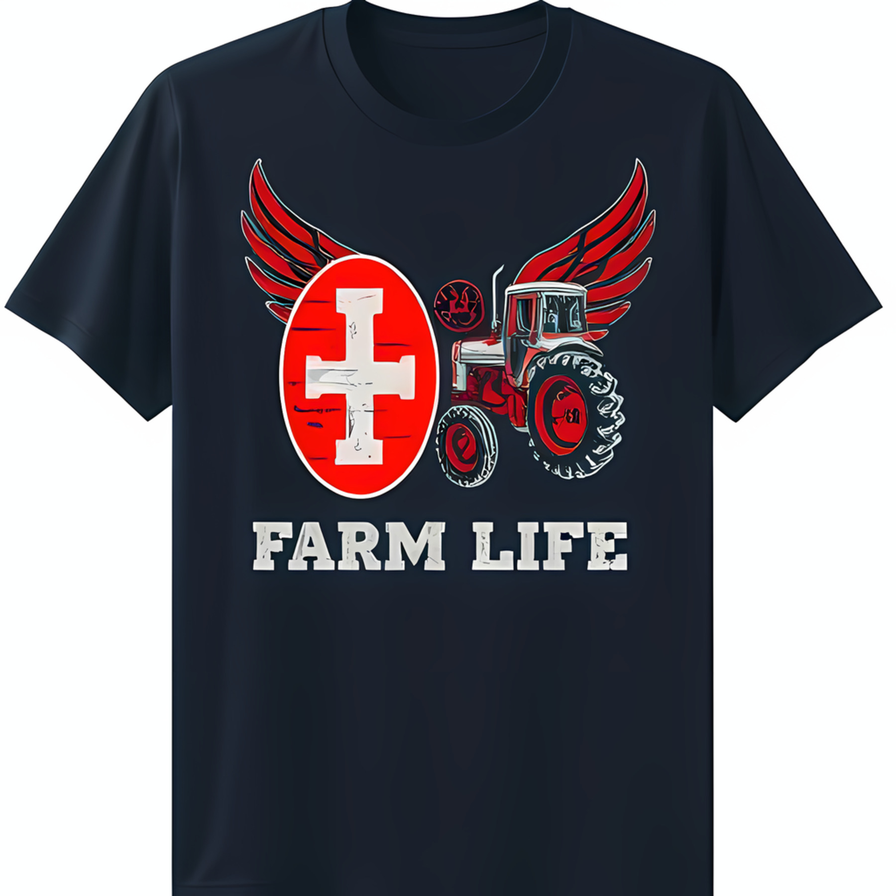 Farm Life Classic Tractor TShirt Red Tractor with White & Wings on Blue