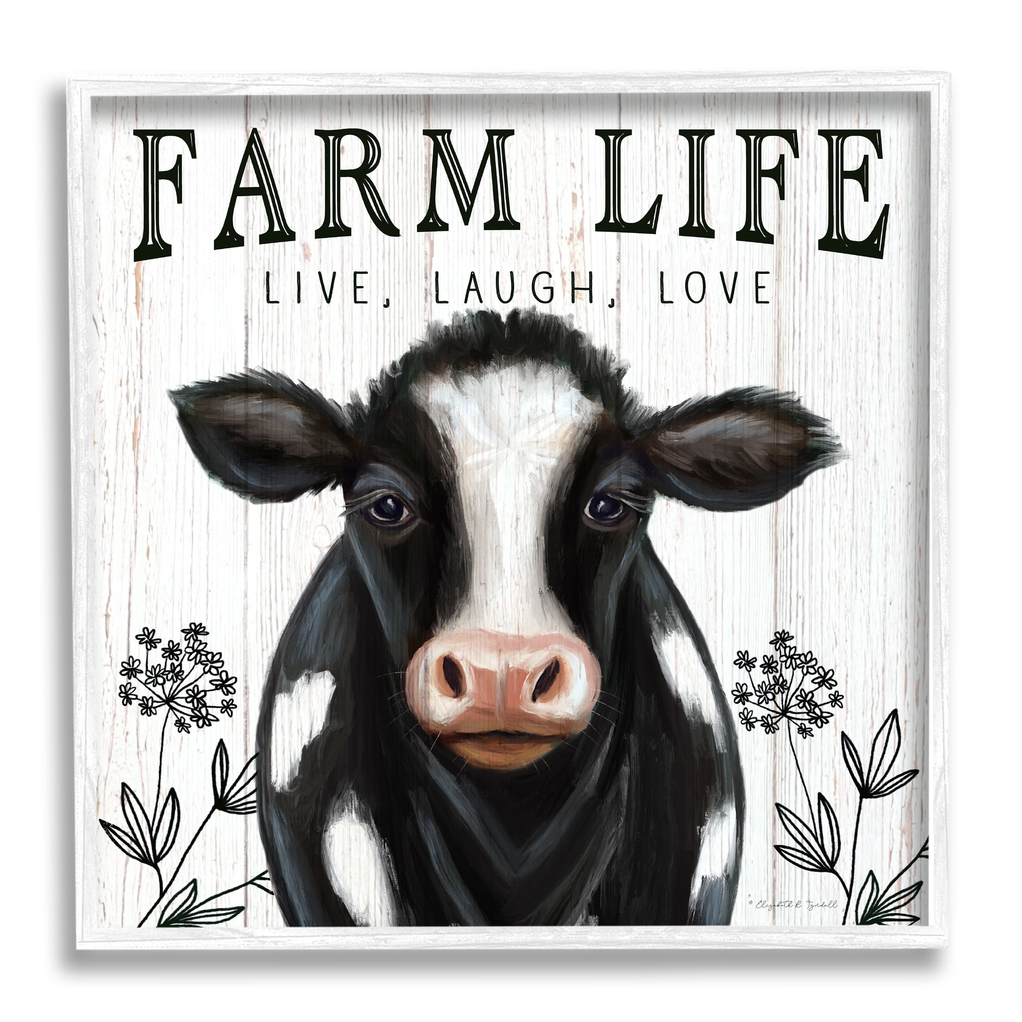 Farm Life Dairy Cow Sign Wildflower Florals Animals & Insects Framed Art Print Wall Art, 17x17