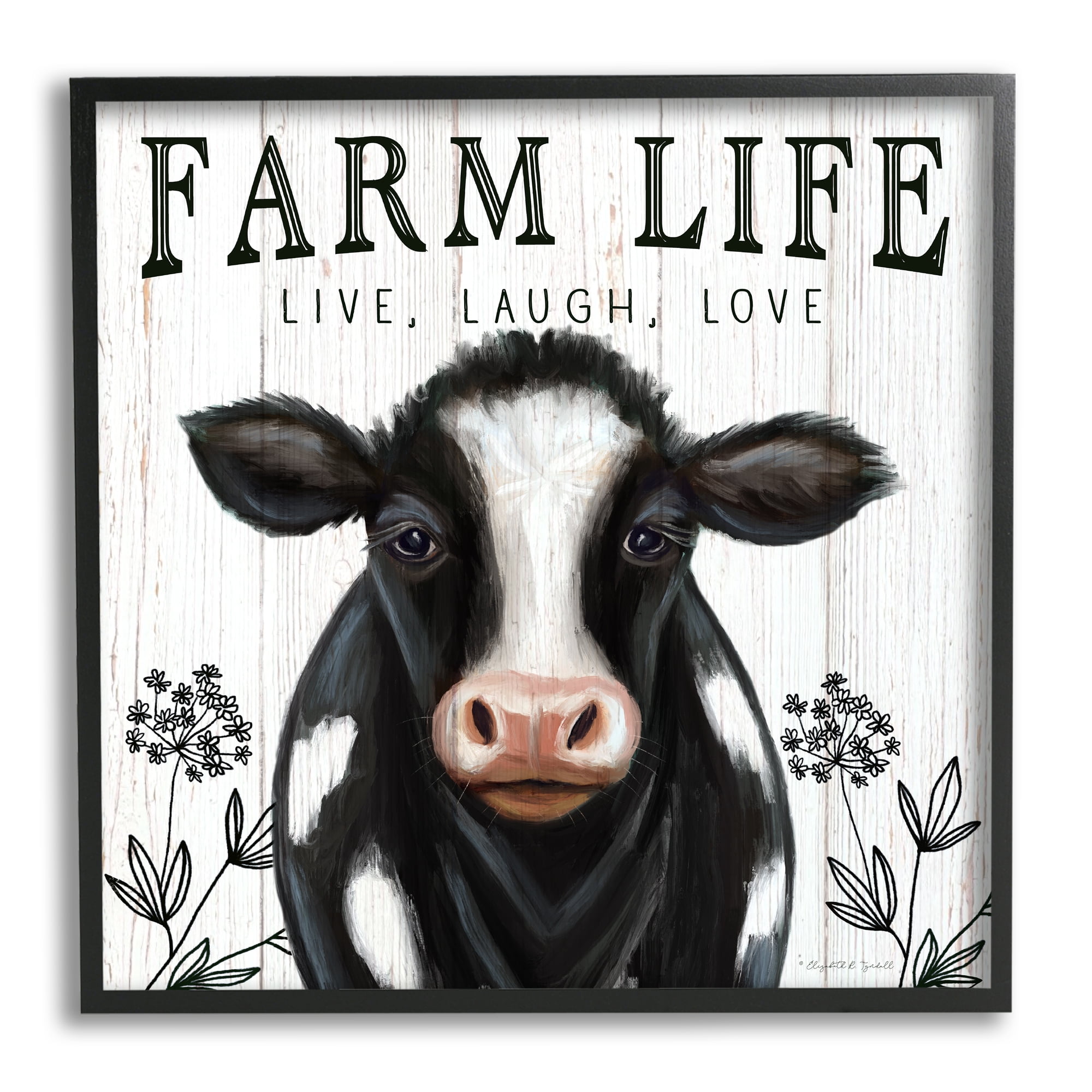 Farm Life Dairy Cow Sign Wildflower Florals Animals & Insects Framed Art Print Wall Art, 17x17