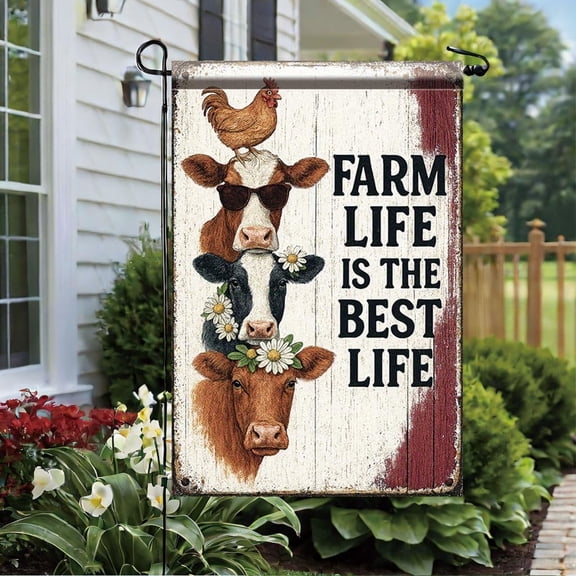 Farm Life Garden Flag 12x18 Inch Double Sided Outdoor Yard Banner Funny Cows and Chicken with Flowers Rustic Barn Farmhouse Decoration for Porch Patio Lawn Garden Country Home Decor