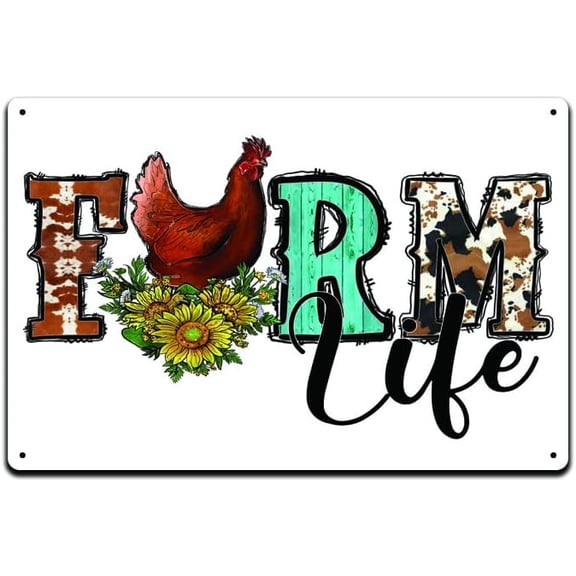 Farm Life Metal Tin Sign, Western Farmhouse Barn Decor, 12 x 8 Inch Vintage Style Wall Art with Sunflower and Farm Animals