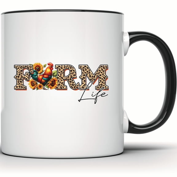 Farm Life Mug - Leopard Print Sunflower Decor - Rooster Farmhouse Mug - Animal Lover Coffee Mug - Gift for Farmers - Country Living Decor - 11 Ounce Black Rim Handle Novelty Coffee Cup - WMUG0984-BLK