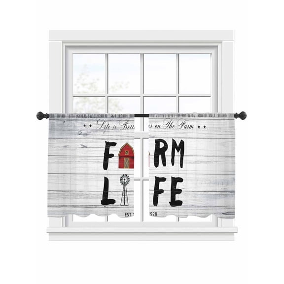 Farm Life Sheer Curtains 45 Inch Long 2 Panels, Farmhouse Barn Cow Chicken Pig Wood Grain Light Filtering Rod Pocket Semi Sheer Curtains, Sheer Voile Drapes for Living Room Bedroom, 52"x45"
