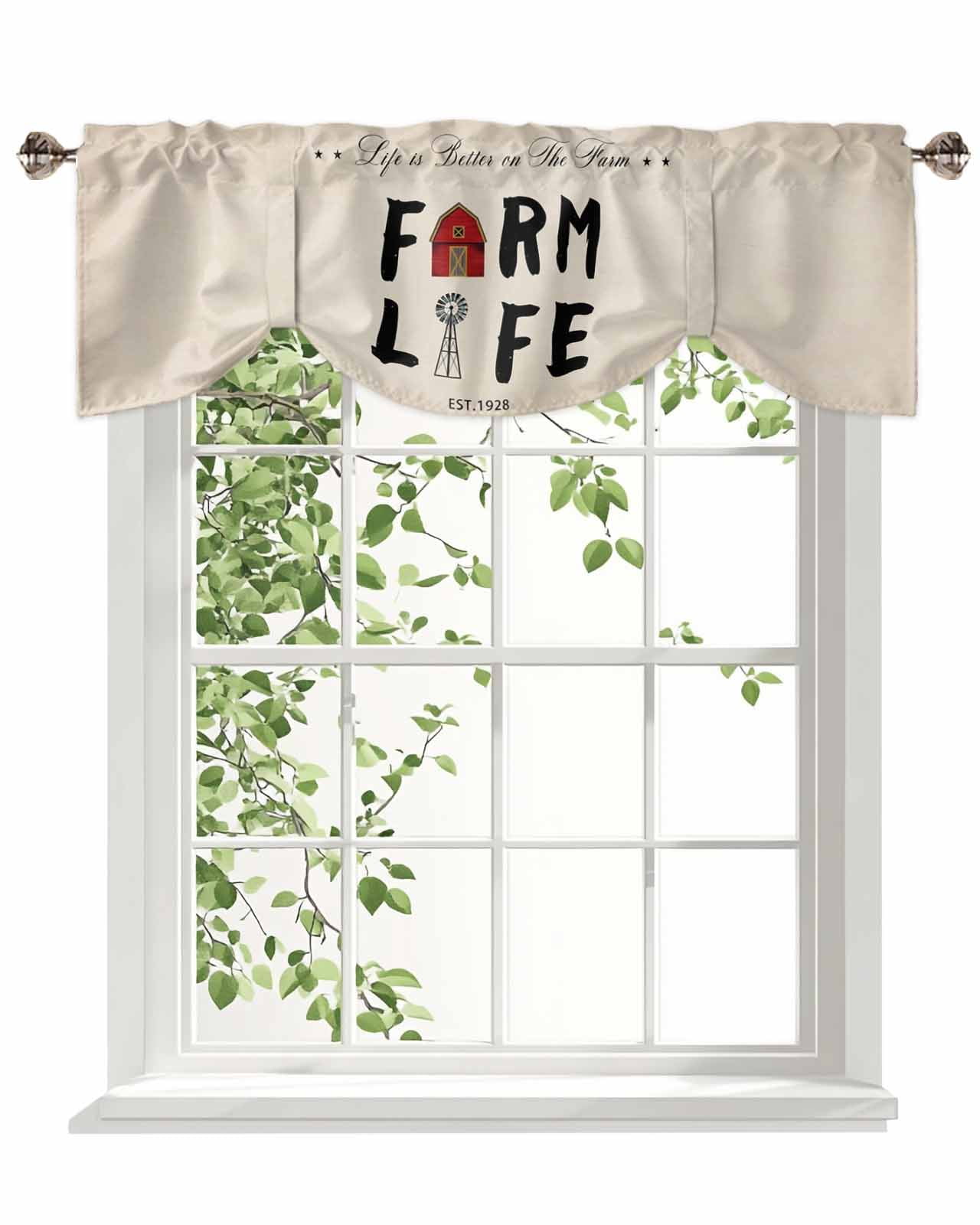 Farm Life Tie Up Valances Curtain, Adjustable Kitchen Barn Cow Chicken Pig Farmhouse Valances for Windows Decor, Rod Pocket Short Curtains Set for Bedroom/Bathroom, 60"x18"