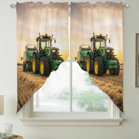 Farm Machinery Swag Valances for Windows, Farming Land Green Car Harvesting Rod Pocket Short Curtains, Machine Washable Kitchen Window Topper for Bathroom Living Room, 36 x 36 Inch, 1 Pair