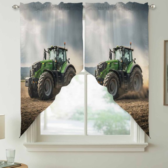 Farm Machinery Swag Valances for Windows, Farming Land Green Car Scenery Rod Pocket Short Curtains, Machine Washable Kitchen Window Topper for Bathroom Living Room, 28 x 36 Inch, 1 Pair