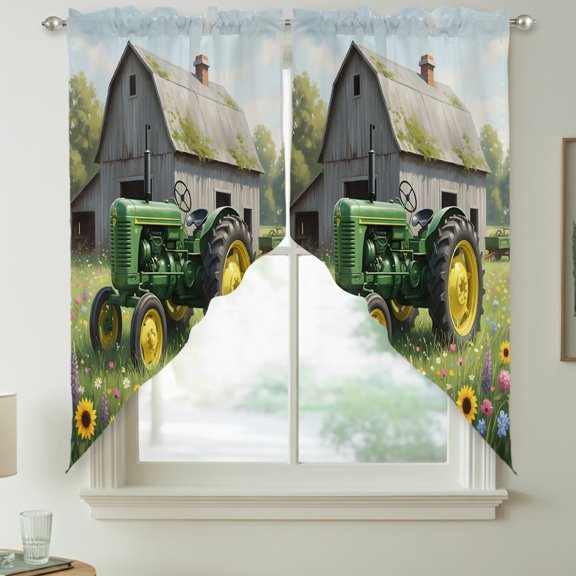 Farm Machinery Swag Valances for Windows, Watercolor Farming Land Car Floral Rod Pocket Short Curtains, Machine Washable Kitchen Window Topper for Bathroom Living Room, 28 x 36 Inch, 1 Pair