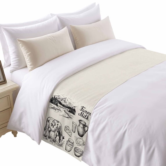 Farm Milk Bed Runner for Cal King Size Bed, Graffiti Cow Cartoon Cheese Gray Pastoral Landscape Soft Bedding Scarf Bedding Protector Slipcover Sofa Throw for Bedroom Hotel Guesthouse