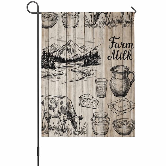 Farm Milk Garden Flag 12 x 18 Inches, Graffiti Cow Cartoon Cheese Gray Pastoral Landscape Retro Weather Proof Outdoor Patio Flags Double Sided Small Garden Decoration for Yard Outside Home