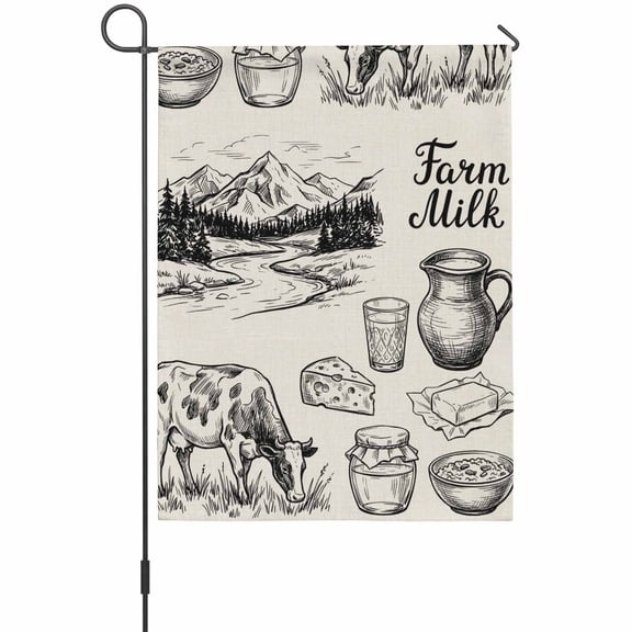 Farm Milk Garden Flag 12x18 Inch Graffiti Cow Cartoon Cheese Gray Pastoral Landscape Double Sided Outdoor Garden Flags Welcome House Flag Decorative Yard Flags for Outside Holiday Decoration