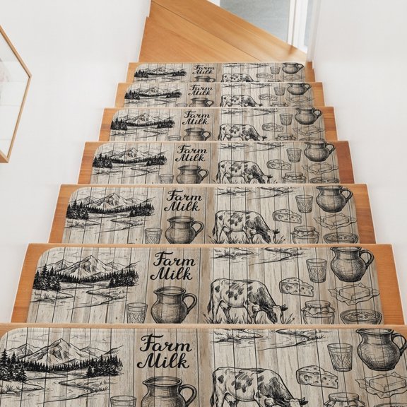 Farm Milk Stair Treads Non Slip for Steps Graffiti Cow Cartoon Cheese Gray Pastoral Landscape Retro 15 Pcs Reusable Adhesive Stair Runner Mats for Dogs Elders Carpet Treads Rugs for Staircase 8x30 In