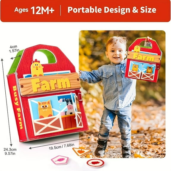 Farm Montessori Busy Book for Toddlers 1-3, Sensory Learning Toy with Animal and Food Matching Game, Farm Sounds, Zippers and Buttons, Christmas Birthday Gift, Suitable for Home Daycare Kindergarten