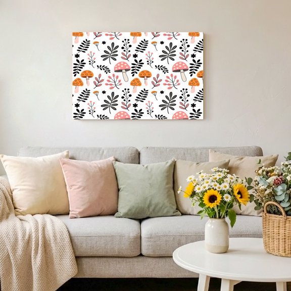 Farm Mushroom Leaf Cartoon Style Framed Canvas Wall Art Print in USA,Canvas Pictures Painting Prints Autumn Leaves Seamless Wall Artwork for Home Office Living Room Bedroom Decor,10"x8"