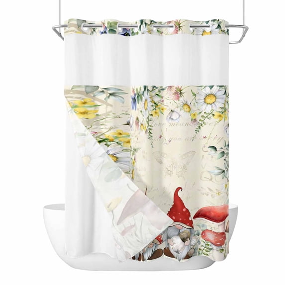 Farm Mushrooms Gnomes No Hooks Shower Curtain with Snap-in Liner Spring Dasiy Flowers Leaf Beige Retro Shower Curtains for Bathroom, Waterproof, Easy Install, Washable 48"x72"