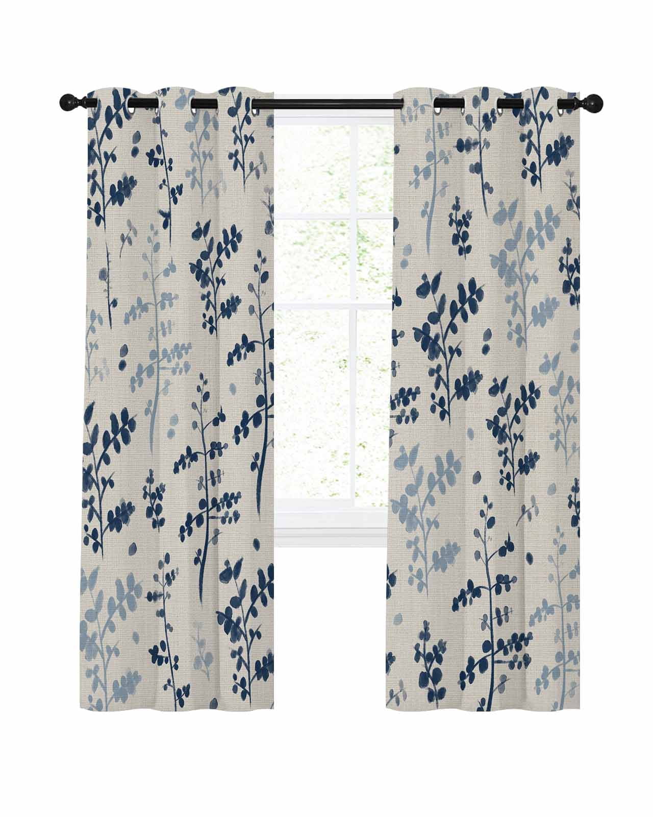 Farm Navy Blue Leaves Blackout Curtains 96 Inch Length Country Style Plant Leaf Retro Linen Thermal Insulated Window Curtain Window Drapes 2 Panels for Bedroom Living Room 52"Wx96"L