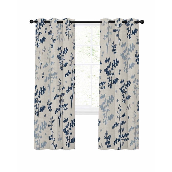 Farm Navy Blue Leaves Blackout Curtains 96 Inch Length Country Style Plant Leaf Retro Linen Thermal Insulated Window Curtain Window Drapes 2 Panels for Bedroom Living Room 52"Wx96"L