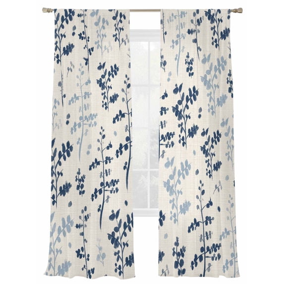 Farm Navy Blue Leaves Sheer Curtains 2 Panels Set Country Style Plant Leaf Retro Linen Sheer Window Curtains Light Filtering Rod Pocket Voile Drapes for Bedroom Living Room 52"X84"