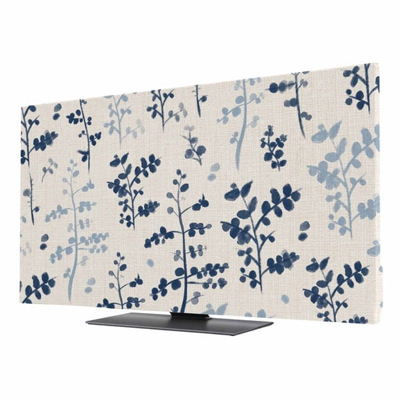 Farm Navy Blue Leaves TV Dust Cover 24 Inch, Country Style Plant Leaf Retro Linen Computer Monitor Cover Dustproof Stretchable Indoor TV Screen Protector for LED LCD Universal Monitors