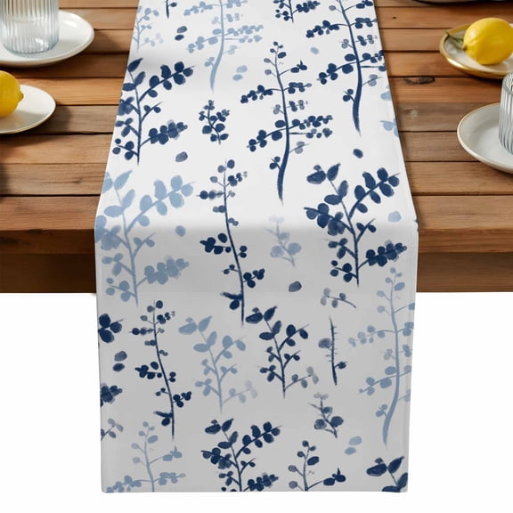 Farm Navy Blue Leaves Table Runner, Country Style Leaf Botanical Floral Washable Kitchen Table Runners Dress Scarves for Dining Table Decorations Party, 13x108in