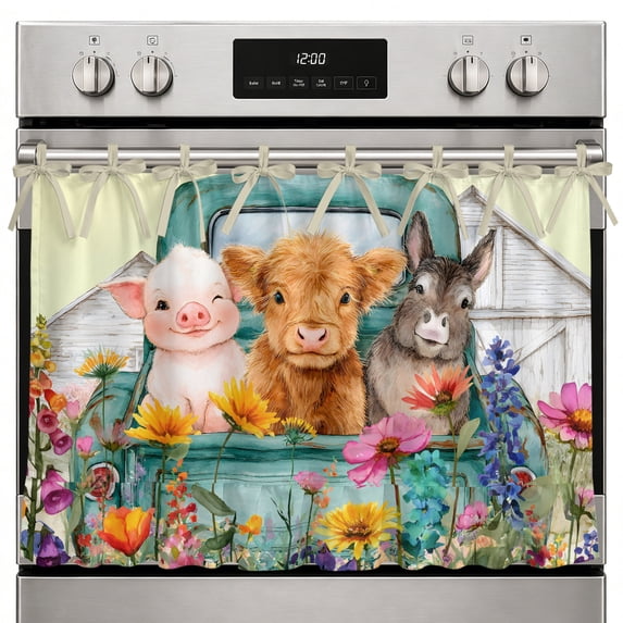 Spring Kitchen Spray Farm Oven Curtain with Tie Top, Funny Pig Donkey Retro Truck Spring ...