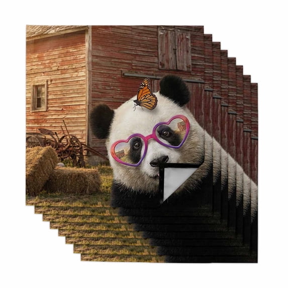 Farm Panda Cloth Napkins, Farmhouse Barn Funny Animals Butterfly Washable and Reusable Dinner Napkins Set of 8, Table Napkin for Kitchen Party Birthday Wedding Hotel Housewarming 20"x20"