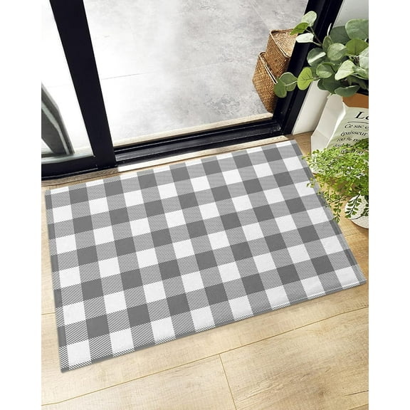 Farm Pastoral Plaid Fluffy Shag Bath Rugs Soft Bathroom Shaggy Floor Mat Grey White Buffalo Checker Absorbent Indoor Doormat for Bedroom Kitchen Laundry Room Entryway Simplistic 16"x24"