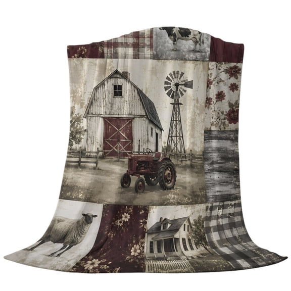 Farm Patchwork Throw Flannel Blanket Country Farmhouse Sheep Rooster Flowers Gingham Super Soft Cozy Bed Blanket, Lightweight Plush Fuzzy Bed Throw for Bedroom Sofa Couch Living Room 30x40in