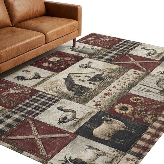 Farm Patchwork Washable Area Rug 8 x 10 ft Country Farmhouse Duck Sheep Rooster Flowers Gingham Soft Non‑Slip Rugs Stain Repellent Indoor Mats for Open Concept Home, Dining Space, Basement Lounge