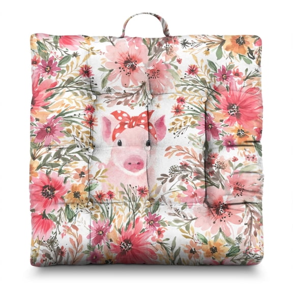Farm Pig Aesthetic Floor Seating - 24" Square Thick Meditation Pillow, Pink Cartoon Pig Print, Resilient PP Cotton, Perfect for Small Apartments