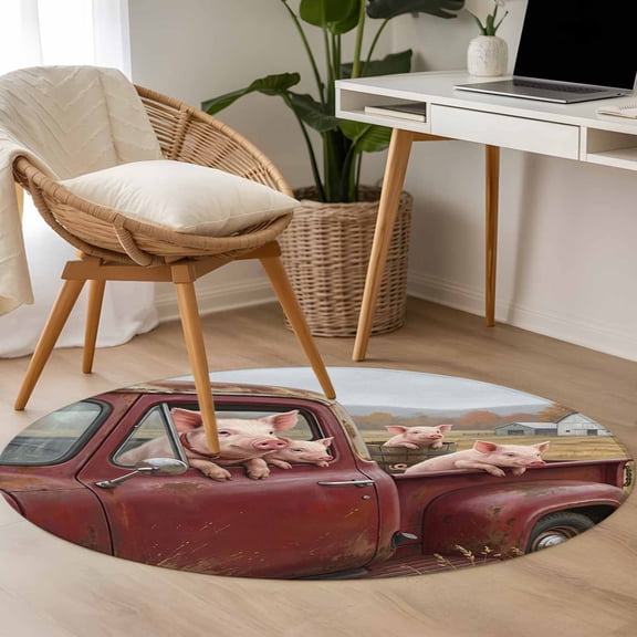 Farm Pig Animal 3.3ft Round Rug for Bedroom Reading Corner, Vintage Red Truck Daisy Brown Tree House Washable Non Slip Circle Area Rug